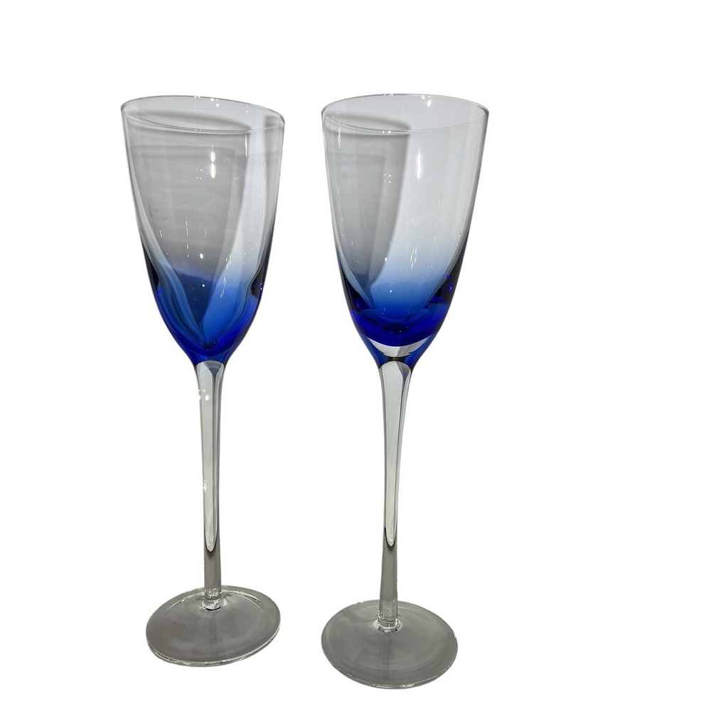 2 Pier 1 Imports Hand Blown Crystal Cobalt Blue Fade to Clear Champagne Flutes